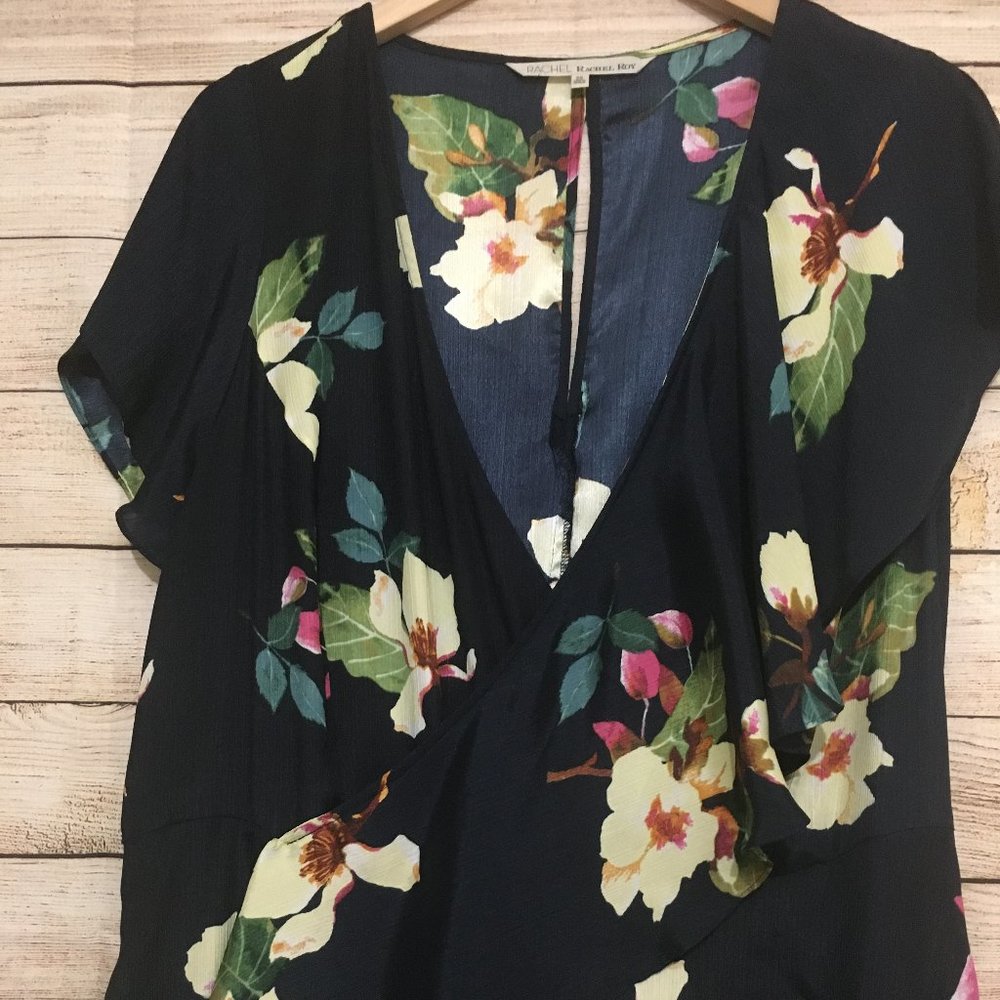 RACHEL Rachel Roy Dress Floral Ruffled Wrapped Midi Pocket Lined Black Size 2X - Picture 4 of 10